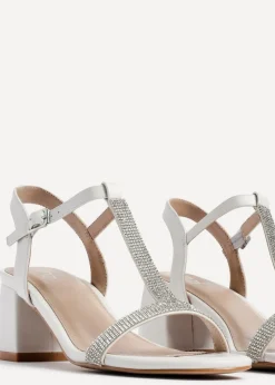 Linzi Amaya White Faux Leather T Bar Diamante Block Heeled Sandal