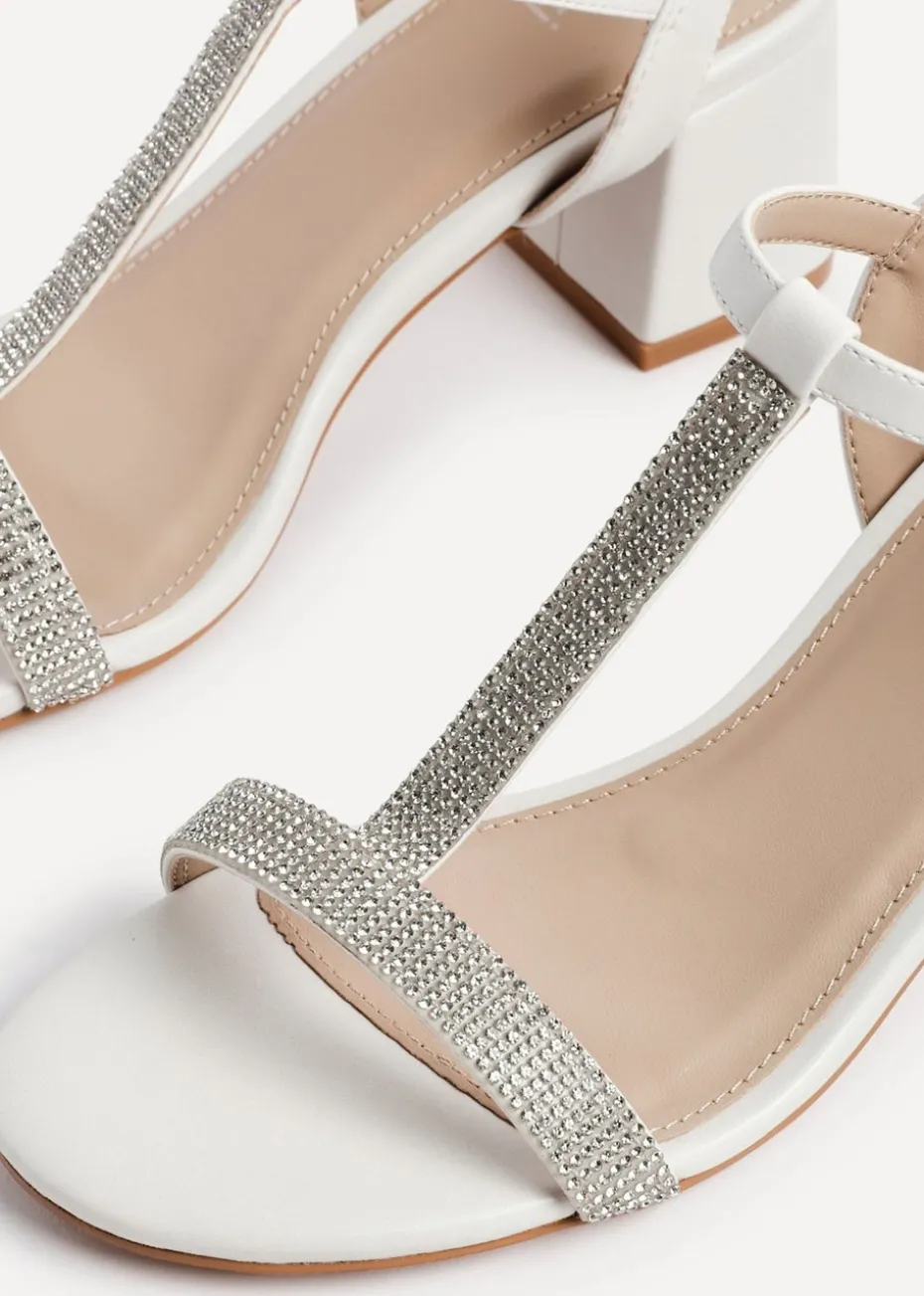 Linzi Amaya White Faux Leather T Bar Diamante Block Heeled Sandal