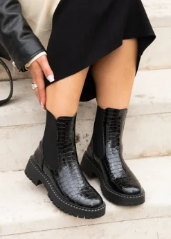 Linzi Andrea Black Faux Croc Patent Leather Silver