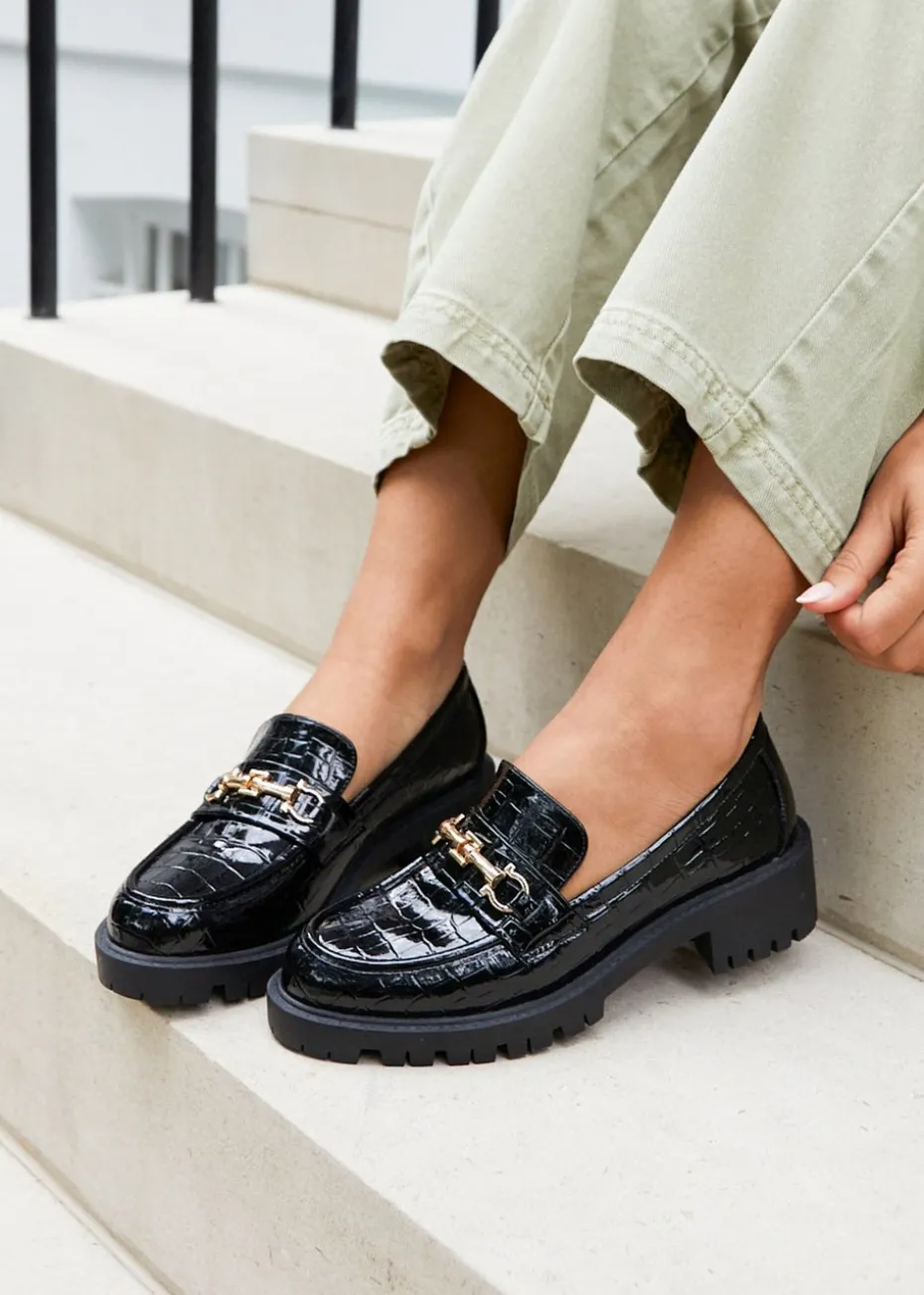 Linzi Aria Black Faux Croc Leather Chunky Sole Loafer