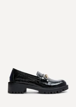 Linzi Aria Black Faux Croc Leather Chunky Sole Loafer