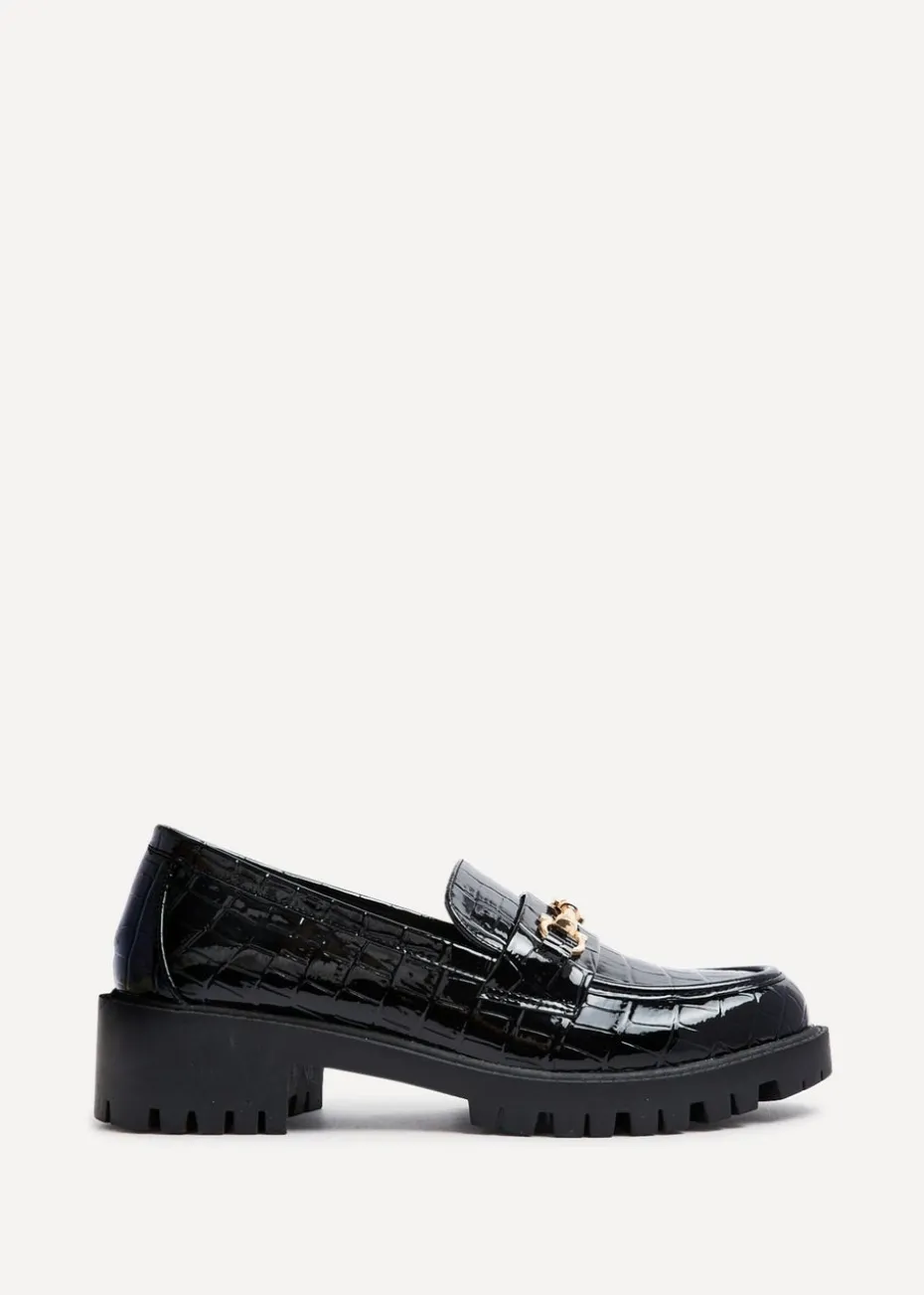 Linzi Aria Black Faux Croc Leather Chunky Sole Loafer