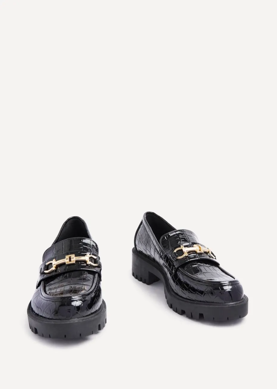 Linzi Aria Black Faux Croc Leather Chunky Sole Loafer