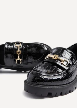 Linzi Aria Black Faux Croc Leather Chunky Sole Loafer