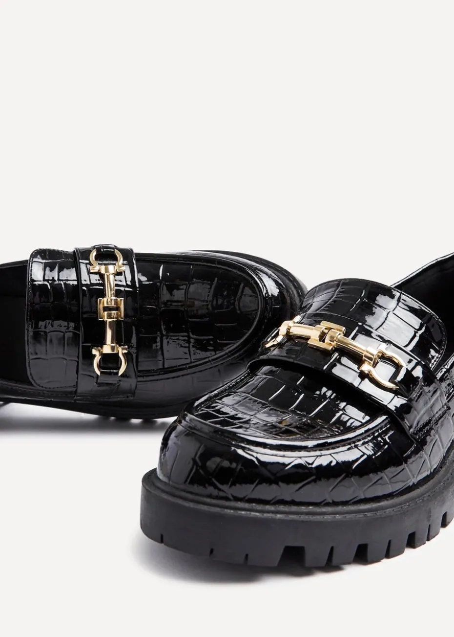 Linzi Aria Black Faux Croc Leather Chunky Sole Loafer