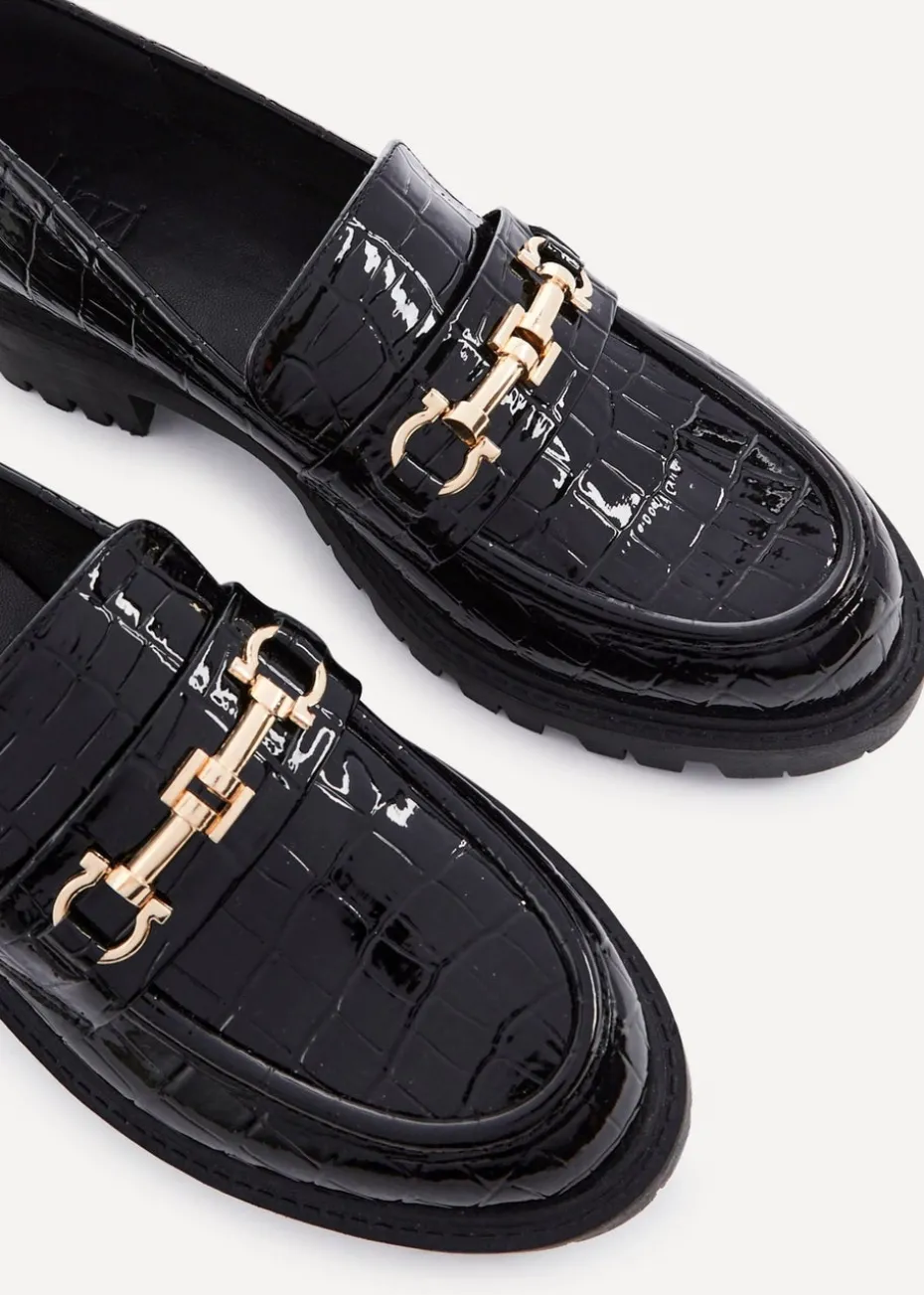Linzi Aria Black Faux Croc Leather Chunky Sole Loafer