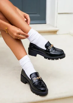 Linzi Aria Black Faux High Shine Leather Chunky Sole Loafer