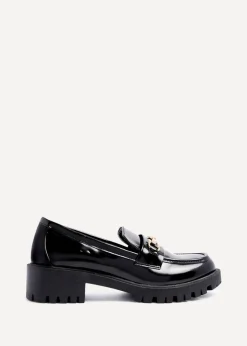 Linzi Aria Black Faux High Shine Leather Chunky Sole Loafer