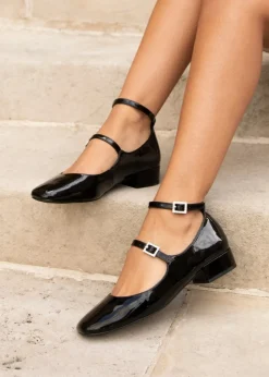 Linzi Black Patent Double Strap Embellished Buckle Mary Jane Shoes