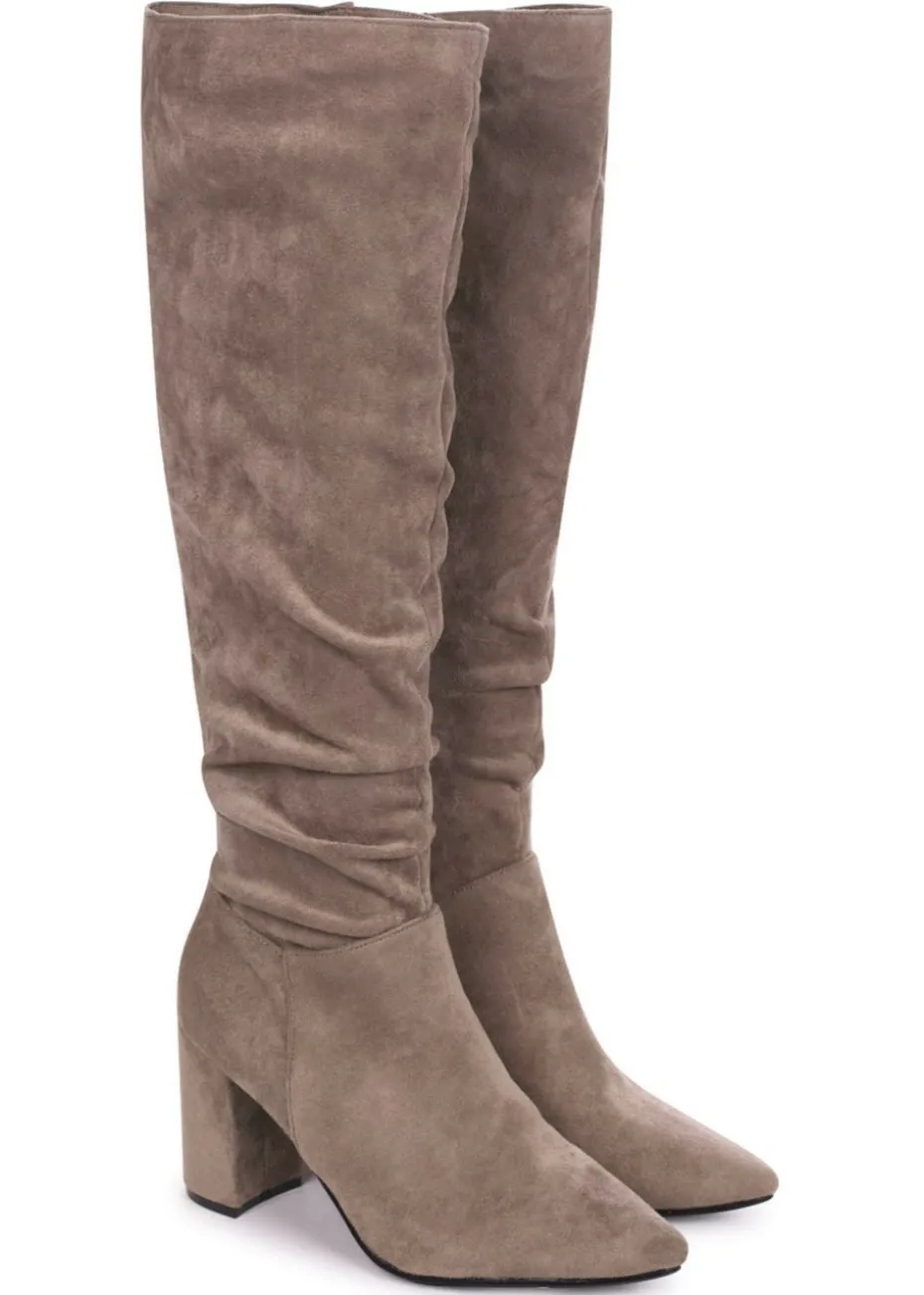 Linzi Bonnie Mocha Suede Block Heel Knee High Ruched Boot