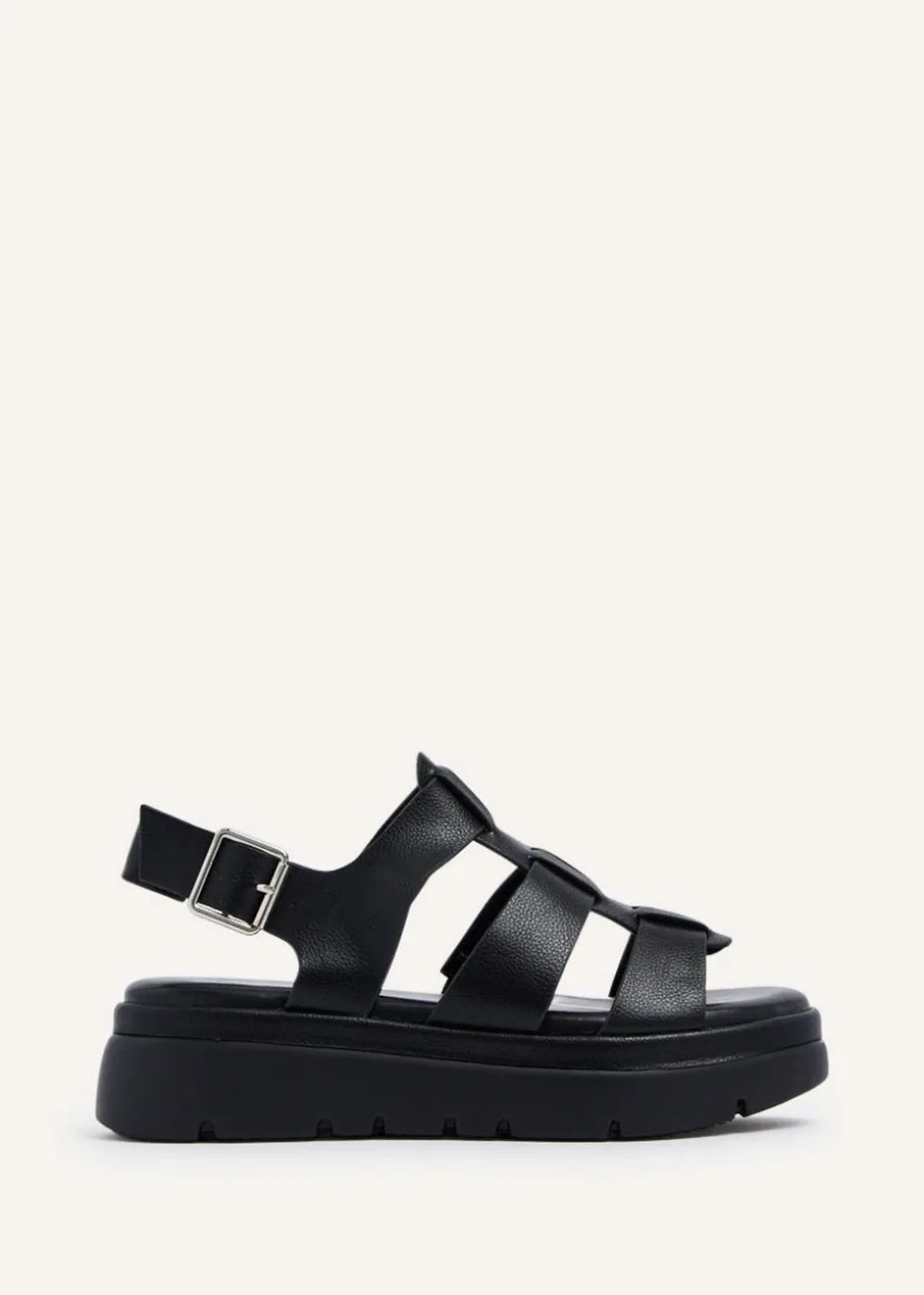 Linzi Boston Black Faux Leather Fisherman Flatform Sandals