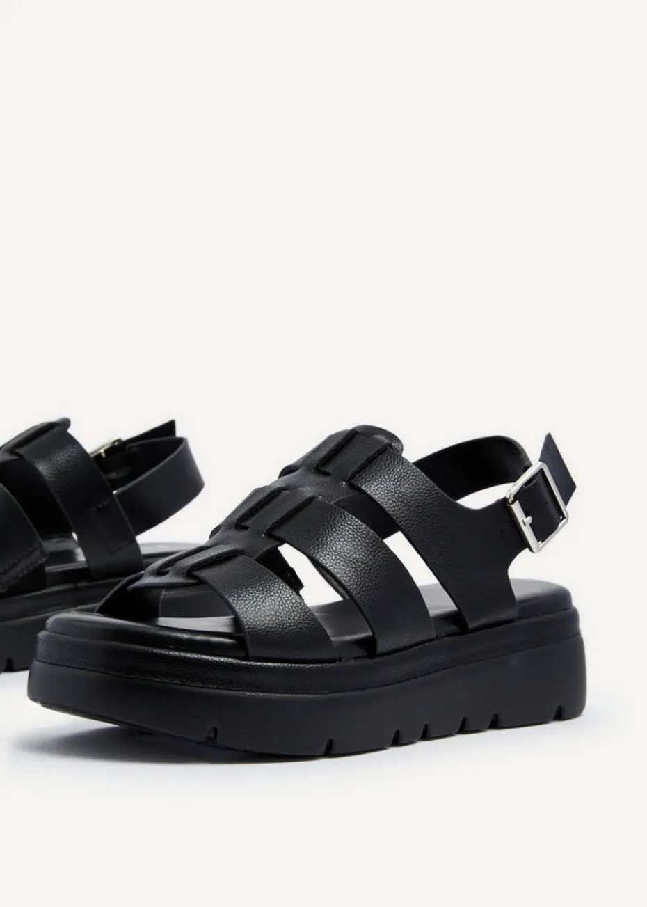 Linzi Boston Black Faux Leather Fisherman Flatform Sandals