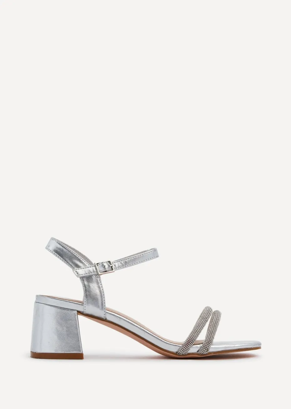 Linzi Bunty Silver Faux Leather Diamante Block Heeled Sandal