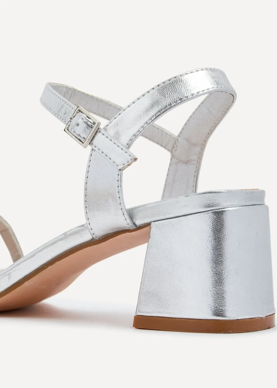 Linzi Bunty Silver Faux Leather Diamante Block Heeled Sandal