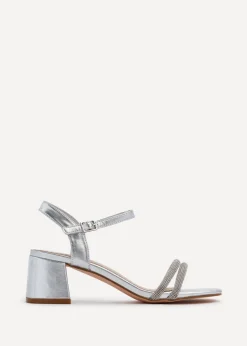 Linzi Bunty Silver Faux Leather Diamante Block Heeled Sandal