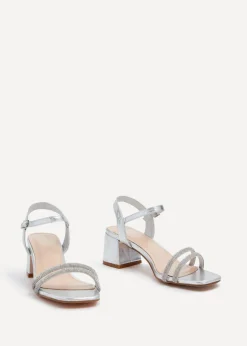 Linzi Bunty Silver Faux Leather Diamante Block Heeled Sandal