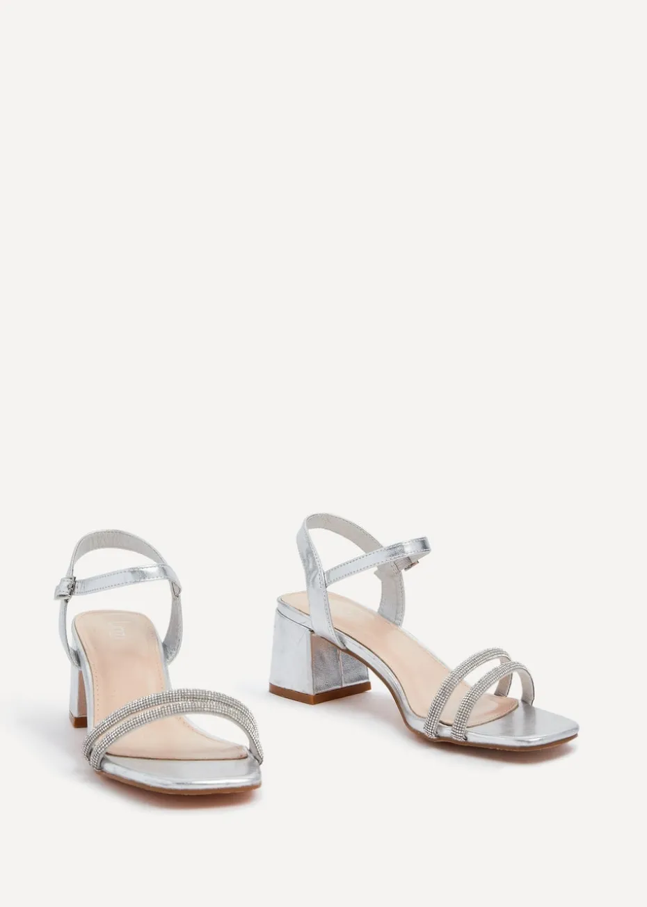 Linzi Bunty Silver Faux Leather Diamante Block Heeled Sandal