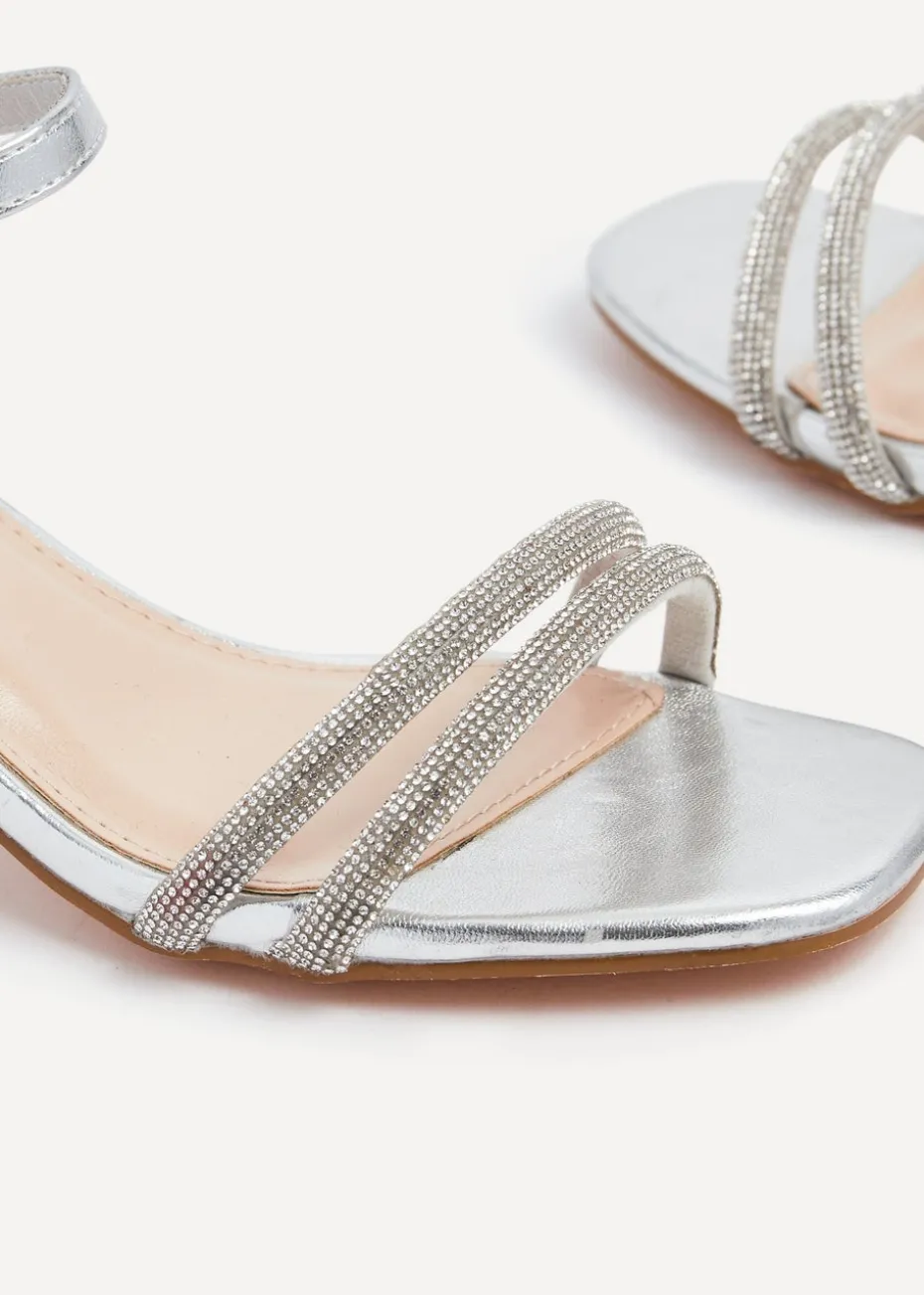 Linzi Bunty Silver Faux Leather Diamante Block Heeled Sandal
