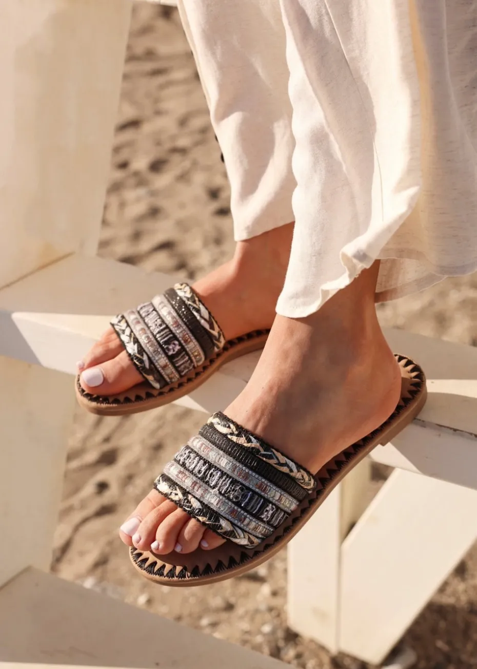 Linzi Carel Black Woven Embellished Flat Sandals