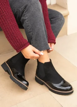 Linzi Cleo Black Patent & Suede Brogue Style Chelsea Boot