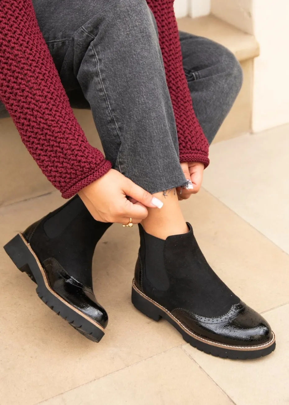 Linzi Cleo Black Patent & Suede Brogue Style Chelsea Boot