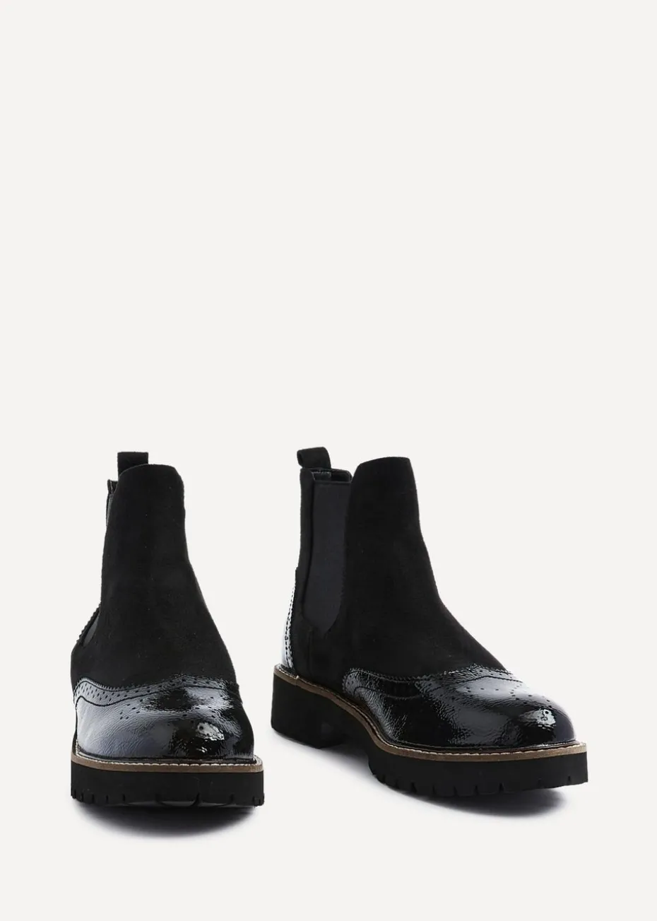 Linzi Cleo Black Patent & Suede Brogue Style Chelsea Boot