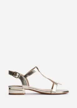Linzi Deluxe Wide Fit Gold Faux Leather T Bar Looped Low Heeled Sandal
