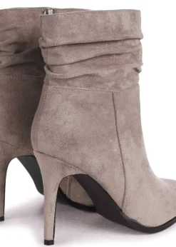 Linzi Eclipse Mocha Suede Ruched Pointed Stiletto Boot Heel