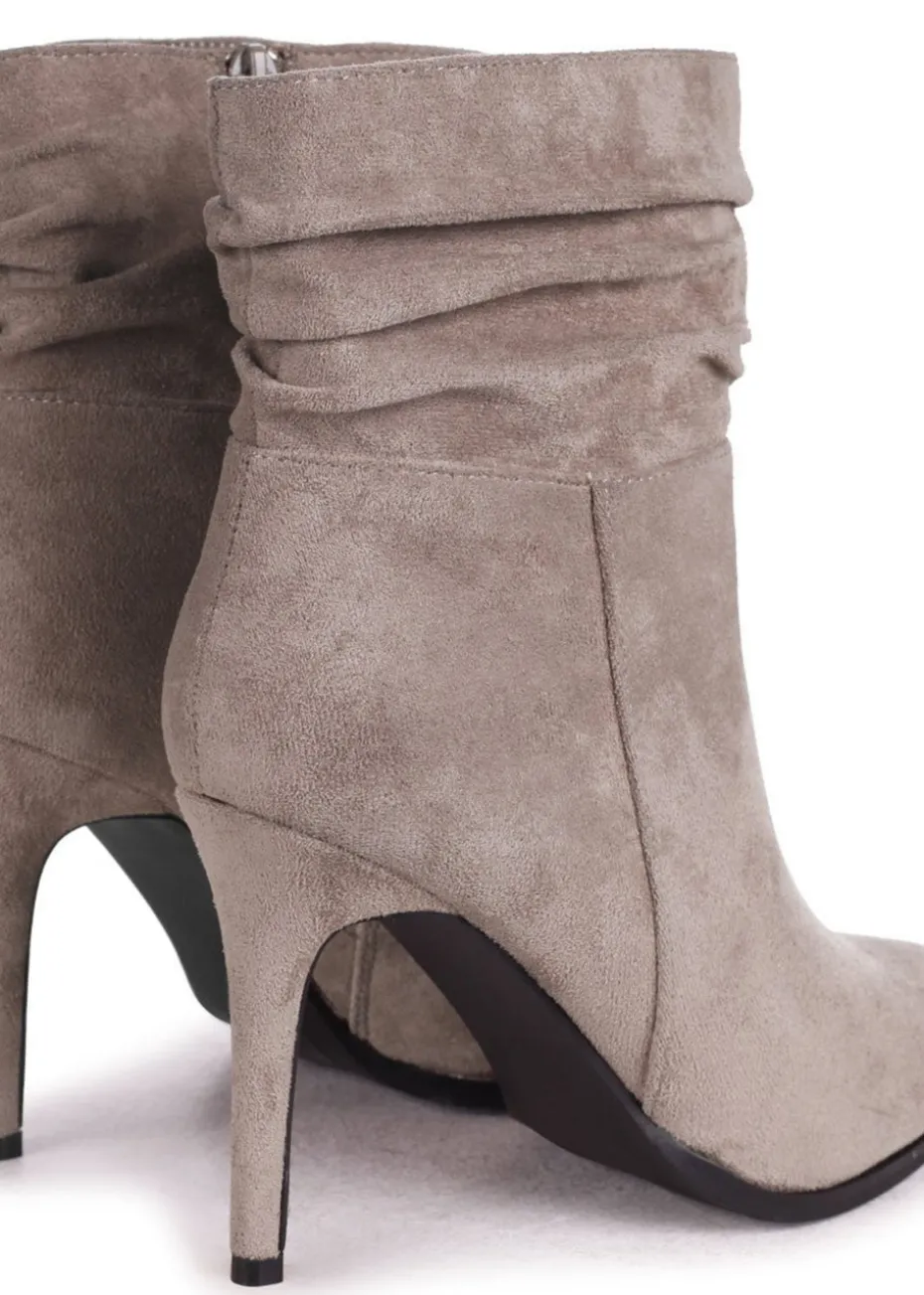 Linzi Eclipse Mocha Suede Ruched Pointed Stiletto Boot Heel
