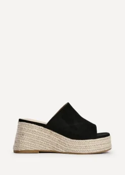 Linzi Espresso Black Faux Suede Espadrille Inspired Mule Wedges