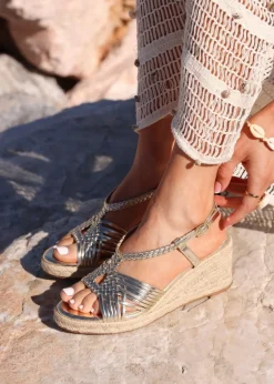 Linzi Evolve Gold Faux Leather Woven Espadrille Wedge