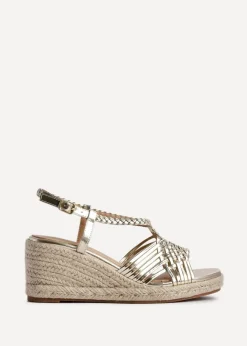 Linzi Evolve Gold Faux Leather Woven Espadrille Wedge