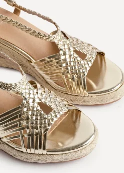 Linzi Evolve Gold Faux Leather Woven Espadrille Wedge