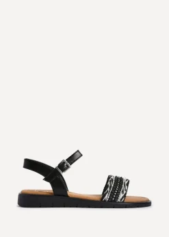 Linzi Halo Black Weaved Embellished Flat Sandals