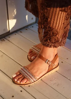 Linzi Halo Tan Weaved Embellished Flat Sandals