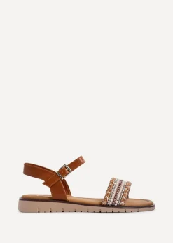 Linzi Halo Tan Weaved Embellished Flat Sandals