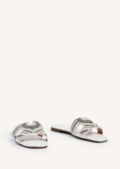 Linzi Indira White Faux Leather Aztec Design Embellished Slider Sandal