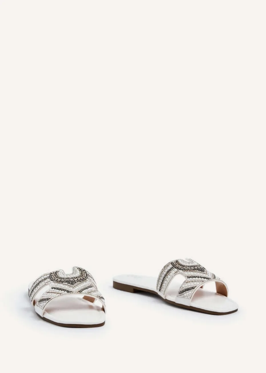 Linzi Indira White Faux Leather Aztec Design Embellished Slider Sandal