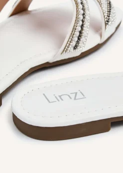 Linzi Indira White Faux Leather Aztec Design Embellished Slider Sandal