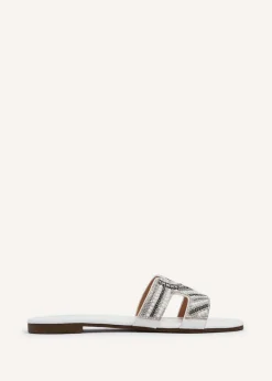 Linzi Indira White Faux Leather Aztec Design Embellished Slider Sandal