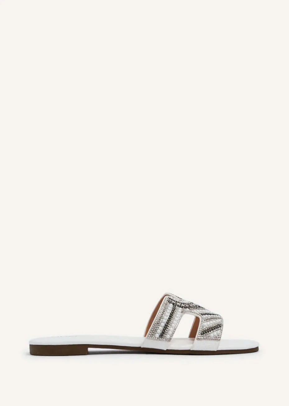 Linzi Indira White Faux Leather Aztec Design Embellished Slider Sandal