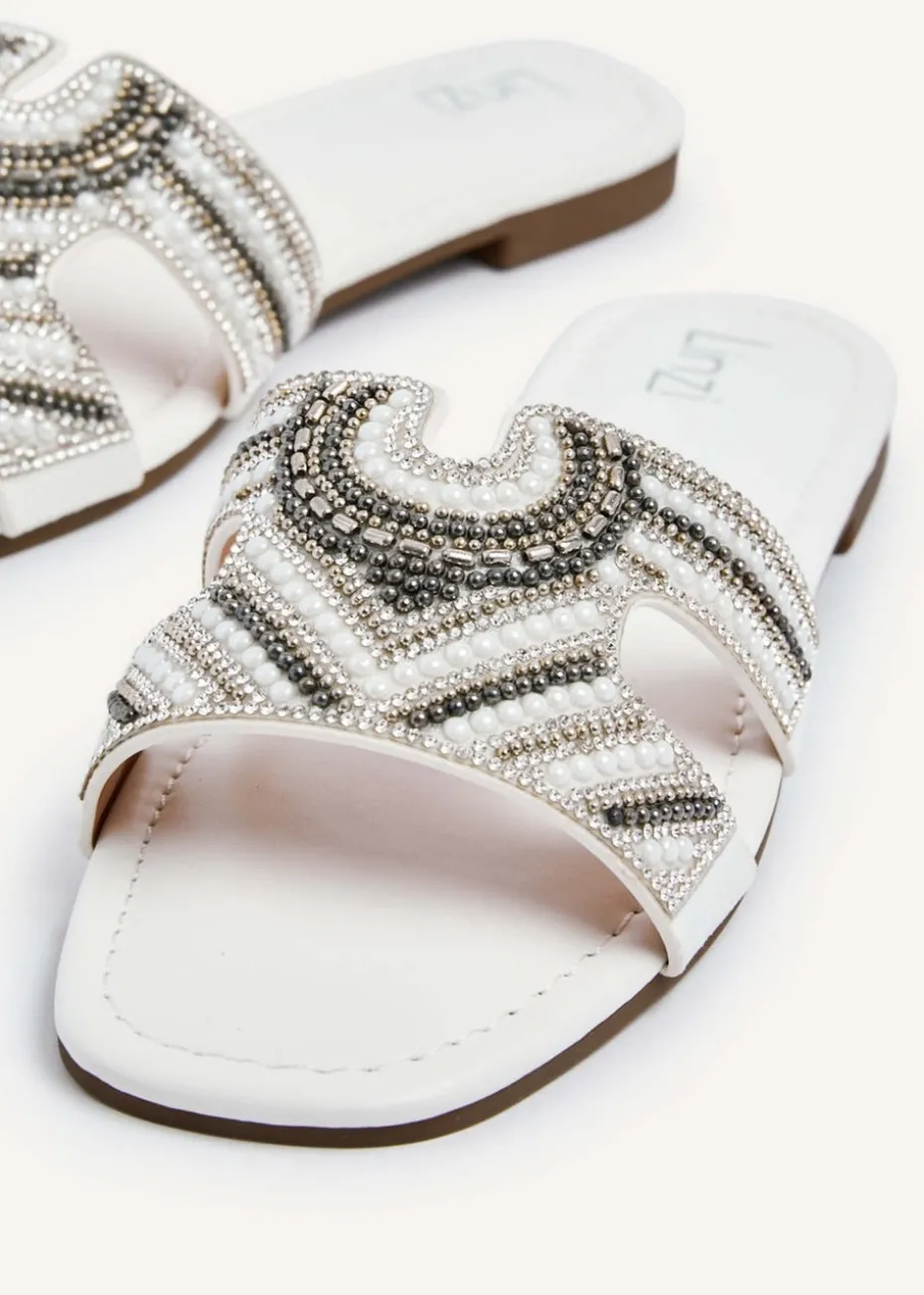 Linzi Indira White Faux Leather Aztec Design Embellished Slider Sandal