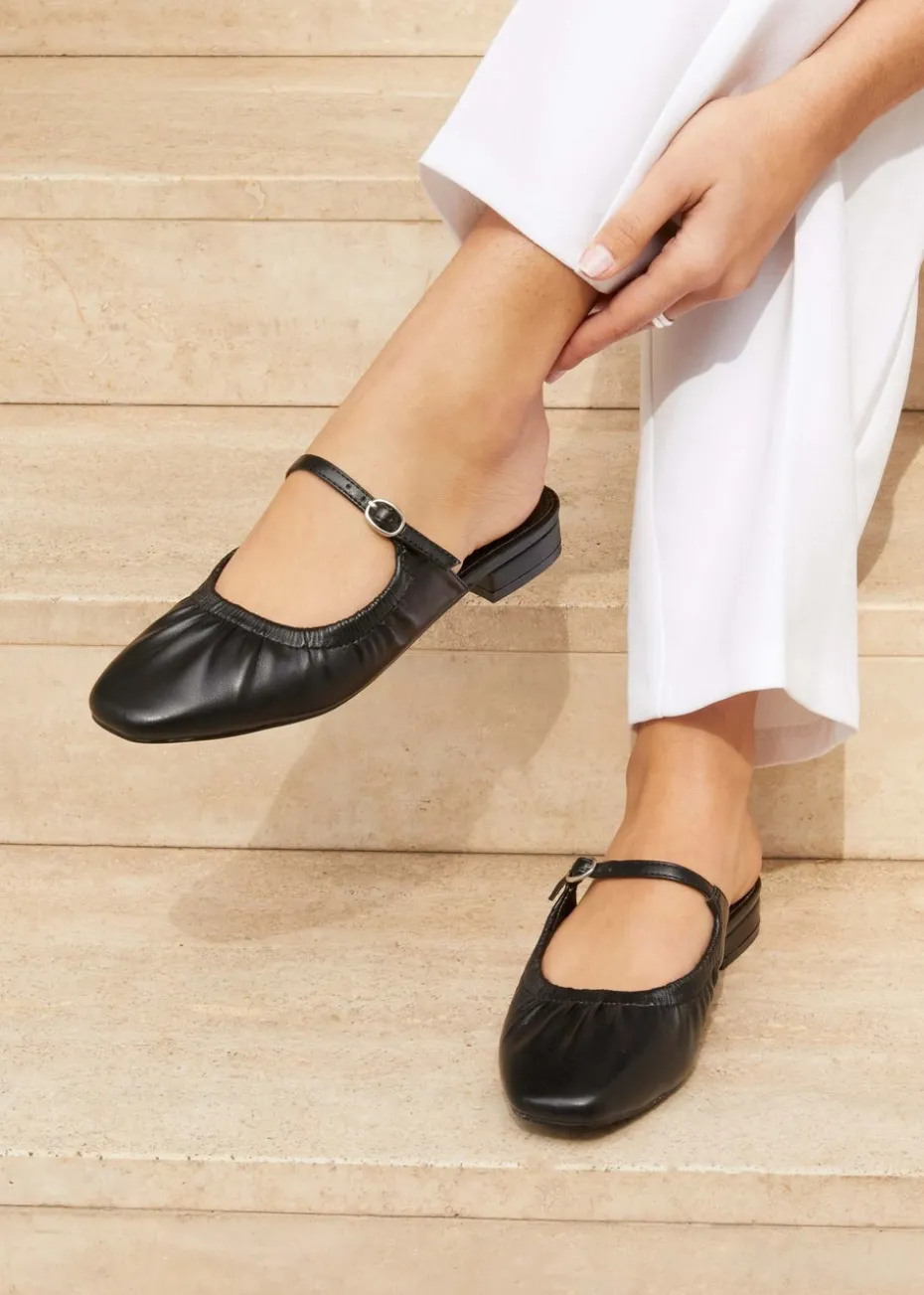 Linzi Isadora Black Faux Leather Ruched Front Open Toe Mary Jane Mule
