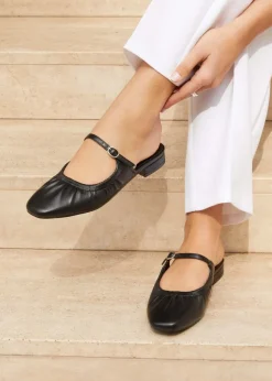 Linzi Isadora Black Faux Leather Ruched Front Open Toe Mary Jane Mule