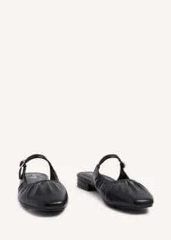 Linzi Isadora Black Faux Leather Ruched Front Open Toe Mary Jane Mule