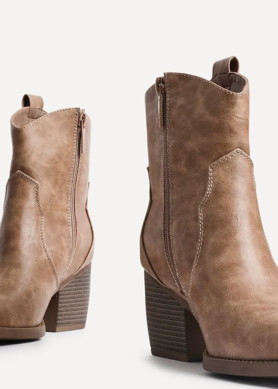 Linzi Jessie Taupe Faux Leather Western Ankle Boot