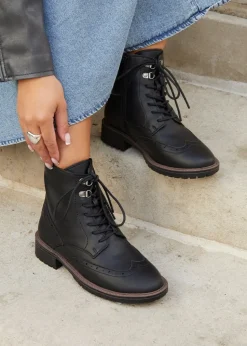 Linzi Kinsley Wide Fit Black Faux Leather Lace Up Military Boot