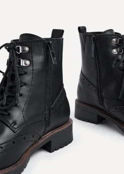 Linzi Kinsley Wide Fit Black Faux Leather Lace Up Military Boot