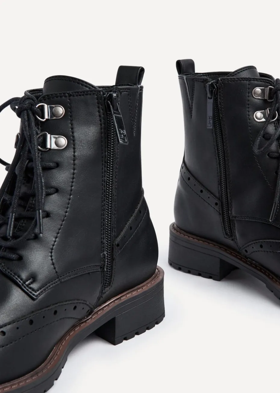 Linzi Kinsley Wide Fit Black Faux Leather Lace Up Military Boot