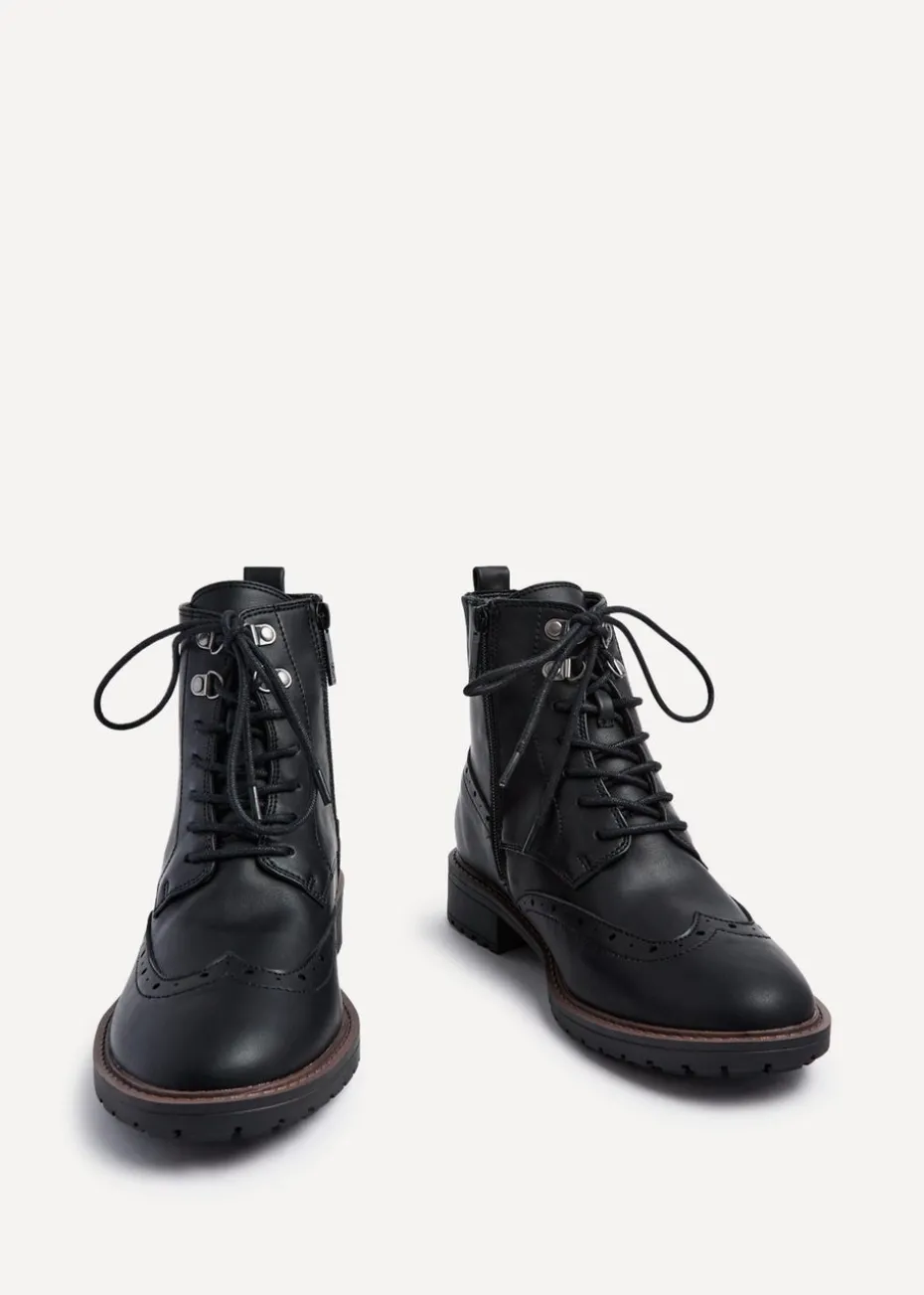 Linzi Kinsley Wide Fit Black Faux Leather Lace Up Military Boot